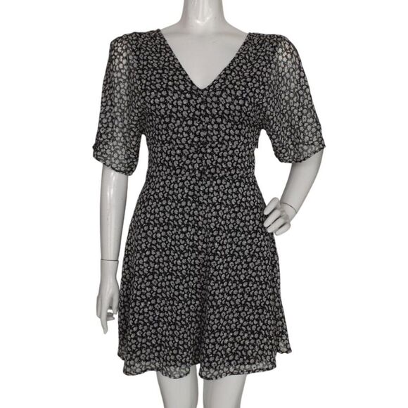 ALL SAINTS Mini Dress, 4, Black/White, Split Flutter Sleeve, V-neck, Sash/Belt - Picture 1 of 15